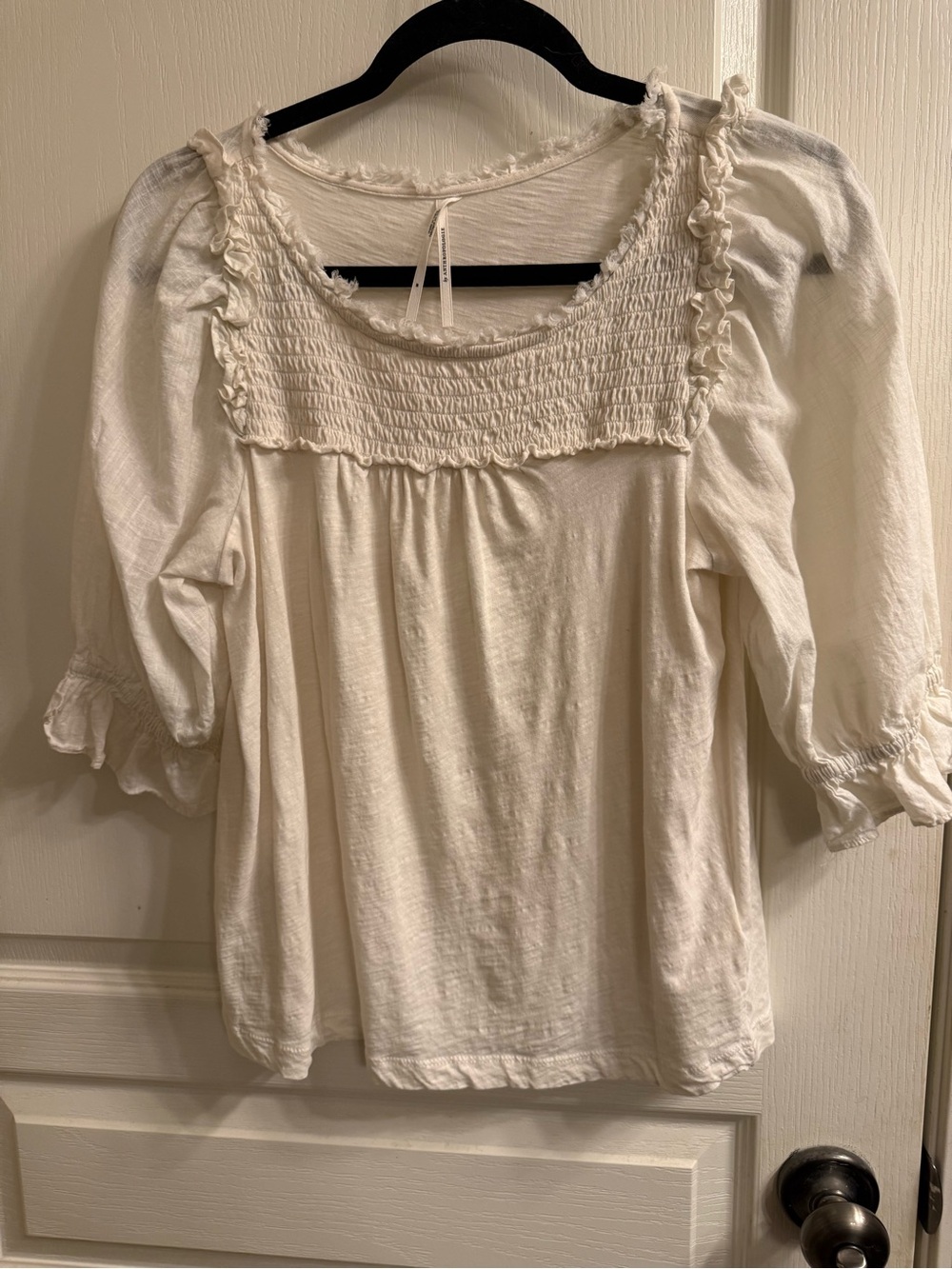 Anthropology Women’s Cream Smocked Square-Neck Peasant Top - Picture 1 of 3